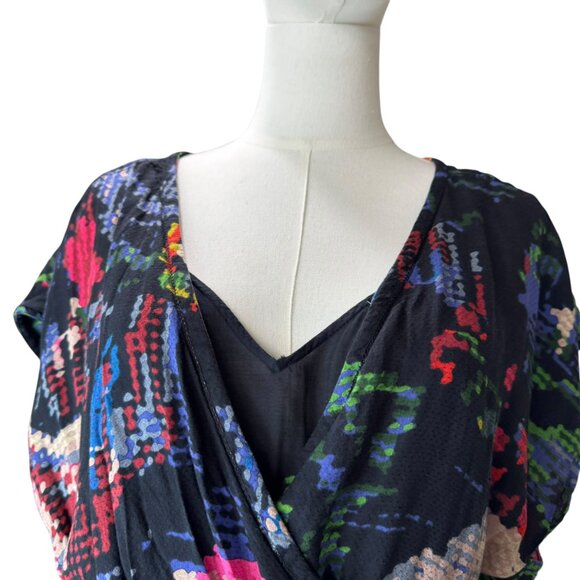 Anthropologie Black Floral Abstract Midi Dress | Size M | V-Neck Elastic Waist - Picture 3 of 9